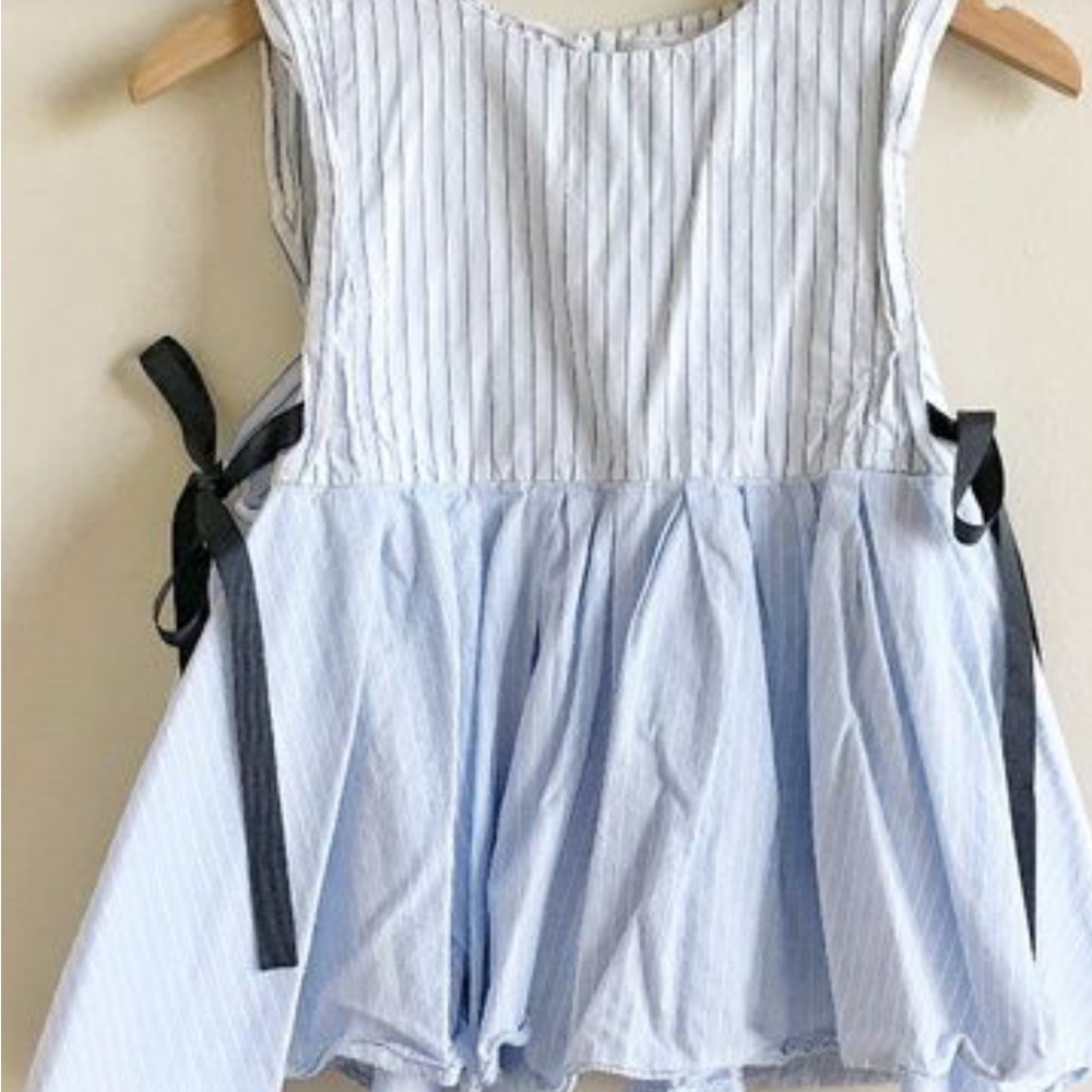 Blue Striped Baby Doll Top with Black Ribbon Accents